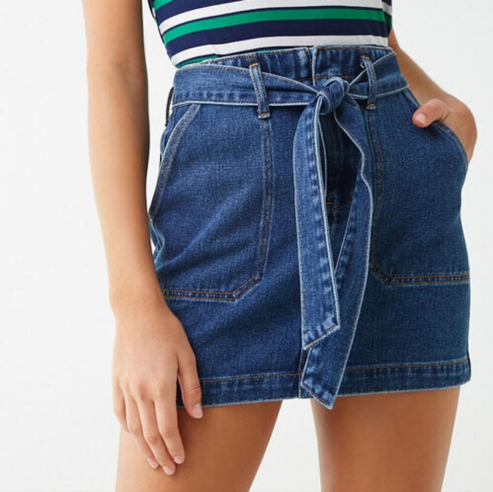 Forever 21 Denim Jean Skirt Tie Waist Belted Size Medium